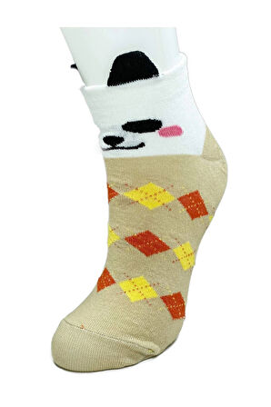 biçomi 3 Çift Köpek Temalı 3 Boyutlu Kulaklı Pamuk Ekose Kadın Bilek Çorap