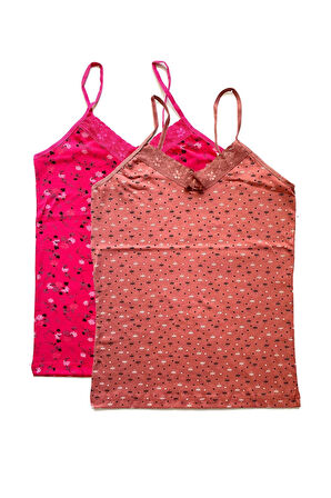 biçomi 2 Adet Kadın Askılı Desenli Atlet Dantelli Empirme Pamuklu Penye D3-4