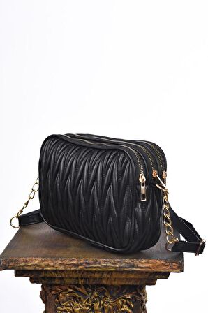 SİA ÇANTA Büzgülü Kapitone Desenli Üç Fermuarlı Gözlü  Çapraz Askılı Şık & Kullanışlı Kadın  Çanta