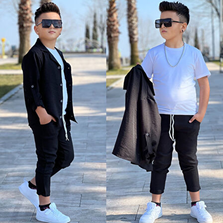 MODAVALS KOL KATLAMALI KETEN GÖMLEK & BELİ LASTİKLİ KETEN PANTOLON & PAMUKLU TSHIRT & ZİNCİR AKSESUAR 4LÜ KETEN ERKEK ÇOCUK TAKIM