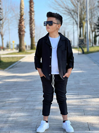 MODAVALS KOL KATLAMALI KETEN GÖMLEK & BELİ LASTİKLİ KETEN PANTOLON & PAMUKLU TSHIRT & ZİNCİR AKSESUAR 4LÜ KETEN ERKEK ÇOCUK TAKIM