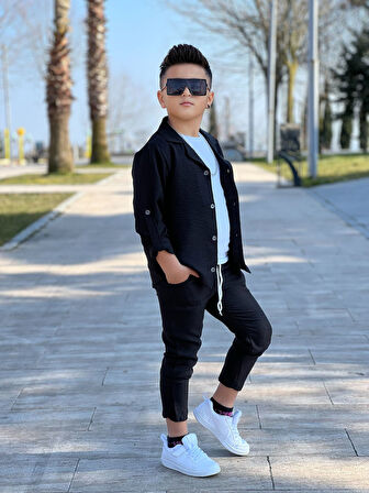 MODAVALS KOL KATLAMALI KETEN GÖMLEK & BELİ LASTİKLİ KETEN PANTOLON & PAMUKLU TSHIRT & ZİNCİR AKSESUAR 4LÜ KETEN ERKEK ÇOCUK TAKIM