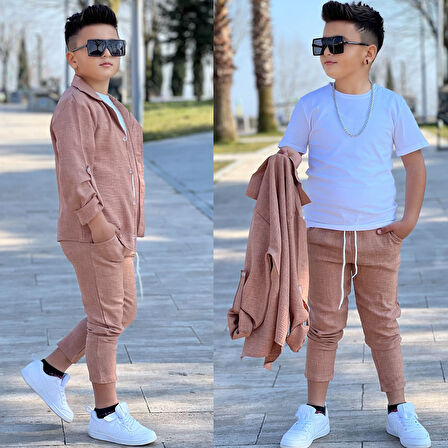 MODAVALS KOL KATLAMALI KETEN GÖMLEK & BELİ LASTİKLİ KETEN PANTOLON & PAMUKLU TSHIRT & ZİNCİR AKSESUAR 4LÜ KETEN ERKEK ÇOCUK TAKIM