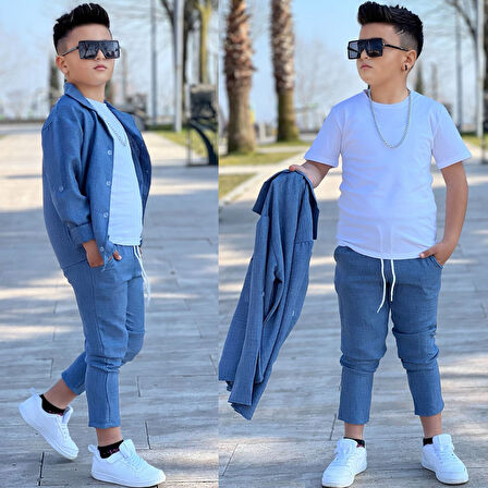MODAVALS KOL KATLAMALI KETEN GÖMLEK & BELİ LASTİKLİ KETEN PANTOLON & PAMUKLU TSHIRT & ZİNCİR AKSESUAR 4LÜ KETEN ERKEK ÇOCUK TAKIM