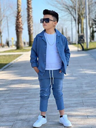 MODAVALS KOL KATLAMALI KETEN GÖMLEK & BELİ LASTİKLİ KETEN PANTOLON & PAMUKLU TSHIRT & ZİNCİR AKSESUAR 4LÜ KETEN ERKEK ÇOCUK TAKIM