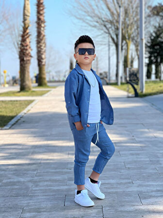 MODAVALS KOL KATLAMALI KETEN GÖMLEK & BELİ LASTİKLİ KETEN PANTOLON & PAMUKLU TSHIRT & ZİNCİR AKSESUAR 4LÜ KETEN ERKEK ÇOCUK TAKIM
