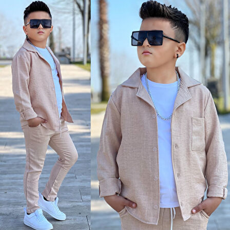 MODAVALS KOL KATLAMALI KETEN GÖMLEK & BELİ LASTİKLİ KETEN PANTOLON & PAMUKLU TSHIRT & ZİNCİR AKSESUAR 4LÜ KETEN ERKEK ÇOCUK TAKIM