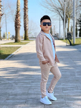 MODAVALS KOL KATLAMALI KETEN GÖMLEK & BELİ LASTİKLİ KETEN PANTOLON & PAMUKLU TSHIRT & ZİNCİR AKSESUAR 4LÜ KETEN ERKEK ÇOCUK TAKIM