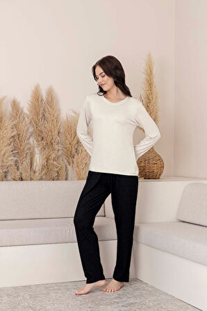 Kadın Bisiklet Yaka Düğmesiz Viskon Mevsimlik Uzun Kol Cepli Pijama Takımı