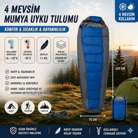 4 Mevsim Mumya Tip Uyku Tulumu -10°C Konforlu Kamp Uyku Tulumu Yıkanabilir MAVİ