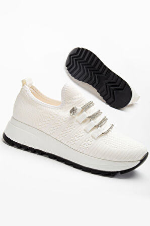 Paris Beyaz Triko Bağcıklı Taşlı Rahat Kalıp Sneaker