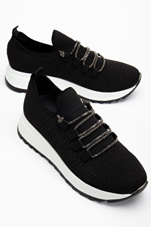 Paris Siyah Triko Bağcıklı Taşlı Rahat Kalıp Sneaker 
