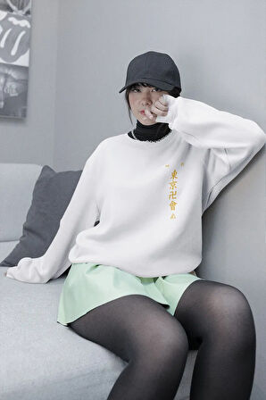 Tasarım Yazı Baskılı Unisex Oversize Anime Sweatshirt
