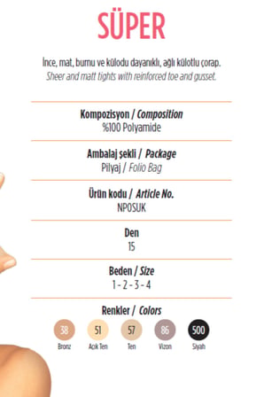 Mat TEN. Renk no: 57. Süper. MAT. 15 Den. İnce, burnu ve külodu dayanıklı, ağlı külotlu çorap.