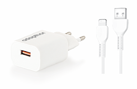 Adapthor 18W 5V 3A/ 9V 2A/ 12V 1.5A Qc + Iphone To Usb 3A Kablolu Set Beyaz 