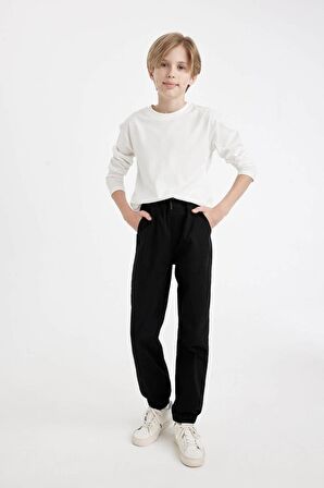 DeFacto Erkek Çocuk Beli Bağcıklı Lastikli Paça Cepli Basic Düz Siyah Jogger Gabardin Pantolon A9395A824WNBK81