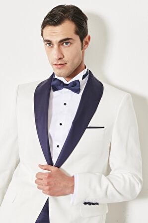 Erkek Beyaz-lacivert Slim Fit Dar Kesim Mono Yaka Desenli Klasik Smokin Takım