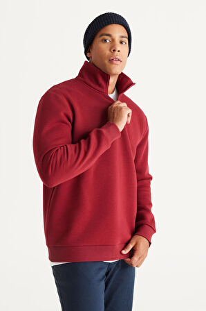 Erkek Bordo Standart Fit Normal Kesim Içi Polarlı Bato Yaka Pamuklu Sweatshirt