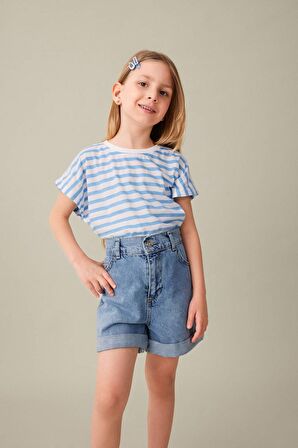 DeFacto Kız Çocuk Oversize Fit Bisiklet Yaka Çizgili Kısa Kollu Tişört B6697A824SMBE306