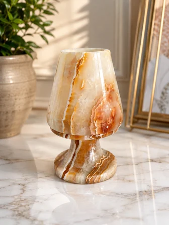 Doğal Oniks Taş Mumluk 12X8 Cm | El Yapımı Geçmeli Mumluk | İşık Geçiren Premium Dekoratif Şamdan | Yemek Masası Ve Özel Gün Hediyesi