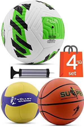 4'LÜ SET Basketbol Voleybol Sert Zemin CLUB Futbol Topu Top Şişirme Pompası Seti Yeşil-018