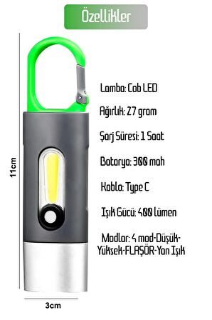 4 Modlu Şarjlı El Feneri COB LED USB Kamp Outdoor Avcılık Lambası Kancalı 400 Lümen 3W