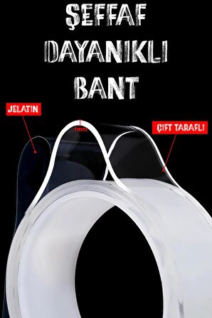 Çift Taraflı Yıkanabilir Süper Güçlü Nano Teknoloji Bant Şerit Led Tablo Priz Montaj Bandı 1 metre