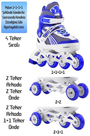 Metal Taban Paten Işıklı Ayarlanabilir Tekerli ve Bedenli Alıştırma Çocuk Genç Pateni MAVİ 8780