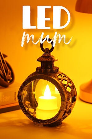 Retro Led Mum Yuvarlak Gaz Lambası Pilli Dumansız Mum Işıldak Yapay Mum Dekor Lambası Gümüş V416