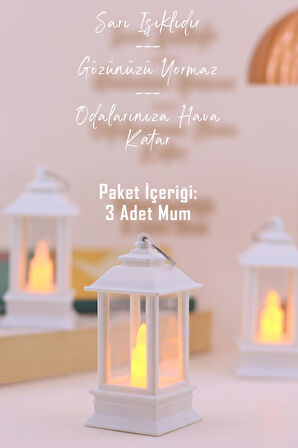 3 ADET Led Mum Mini Dörtgen Tip Pil Dahil Dumansız Alev Ledli Yapay Dekoratif Mum Işığı BEYAZ PT434