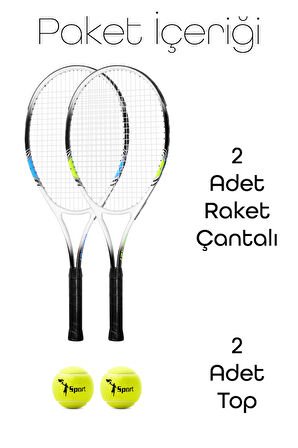 4lü SET Deluxe 27 İnç 2 Tenis Raketi Seti 2 Top Çantalı Yetişkin Tennis Racket L2 Grip 68 cm 527