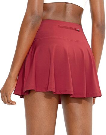 Bordo Çift Katmanlı Sırt Fermuarlı Tenis Etek - Darkalıp İçi Taytlı Şort Etek-Cepli Mini Spor Etek