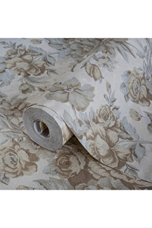 Çiçek Açan Güller ve Çiçek Desenli Duvar Kağıdı, Gri, Açık - Ephes 5806-1, 10,60 M²