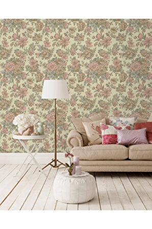 Çiçek Açan Güller ve Çiçek Desenli Duvar Kağıdı, Bej, Açık, Pembe - Ephes 5806-2, 10,60 M²