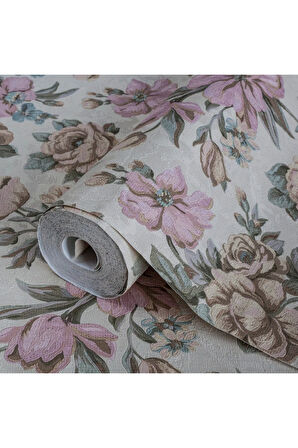 Çiçek Açan Güller ve Çiçek Desenli Duvar Kağıdı, Bej, Açık, Pembe - Ephes 5806-2, 10,60 M²