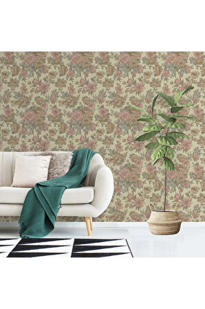 Çiçek Açan Güller ve Çiçek Desenli Duvar Kağıdı, Bej, Açık, Pembe - Ephes 5806-2, 10,60 M²