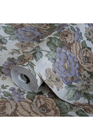 Çiçek Açan Güller ve Çiçek Desenli Duvar Kağıdı, Bej, Mavi, Açık - Ephes 5806-3, 10,60 M²