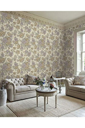 Çiçek Açan Güller ve Çiçek Desenli Duvar Kağıdı, Bej, Mavi, Açık - Ephes 5806-3, 10,60 M²
