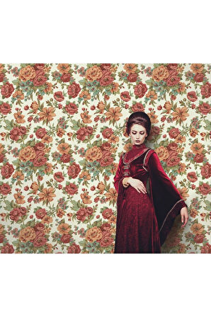 Çiçek Açan Güller ve Çiçek Desenli Duvar Kağıdı, Bakır, Turuncu, Kırmızı - Ephes 5806-5, 10,60 M²