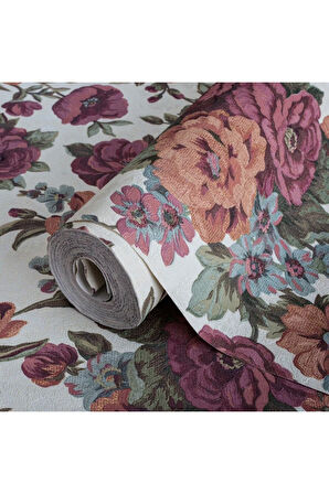 Çiçek Açan Güller ve Çiçek Desenli Duvar Kağıdı, Bakır, Turuncu, Kırmızı - Ephes 5806-5, 10,60 M²