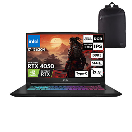 MSI Katana 17 i7-13620H 16-GBDDR5 512 GBSSD RTX4050 (8GB-105W) 17.3" FHD 144Hz Freedos + HMF Sırt Çantası B13VEK-1035XTRHMF16
