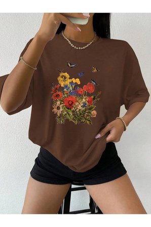 Unisex Renkli Çiçekler Baskılı Tasarım Tshirt