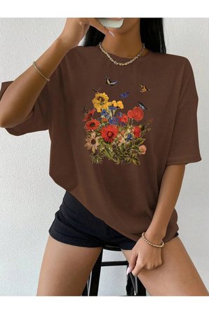 Unisex Renkli Çiçekler Baskılı Tasarım Tshirt