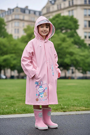 EVA Kumaş Kapüşonlu Desenli Cepsiz Çıtçıtlı Çocuk Yağmurluğu Çanta Koruyuculu Çocuk Yağmurluk