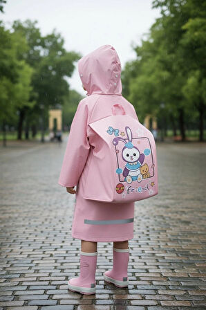 EVA Kumaş Kapüşonlu Desenli Cepsiz Çıtçıtlı Çocuk Yağmurluğu Çanta Koruyuculu Çocuk Yağmurluk