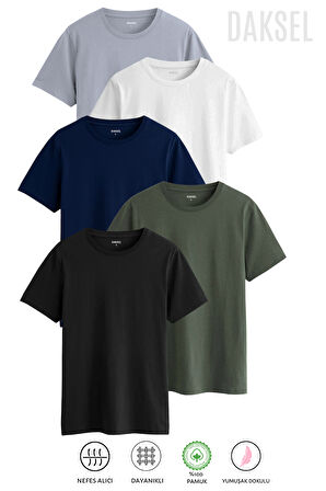 Erkek Siyah Beyaz Lacivert Haki Gri %100 Pamuk'lu 5'li Relax Fit Kesim Daksel Tişört Paketi