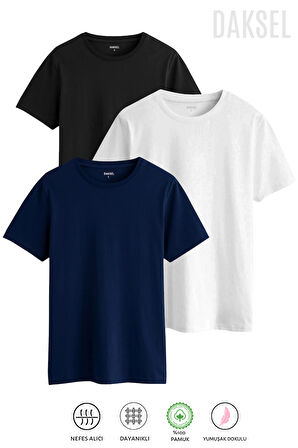 Erkek Siyah Lacivert Beyaz %100 Pamuk'lu 3'lü Relax Fit Kesim Daksel Tişört Paketi