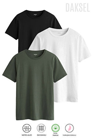 Erkek Siyah Haki Beyaz %100 Pamuk'lu 3'lü Relax Fit Kesim Daksel Tişört Paketi