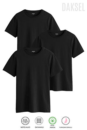 Erkek 3 Adet Siyah %100 Pamuk'lu 3'lü Relax Fit Kesim Daksel Tişört Paketi