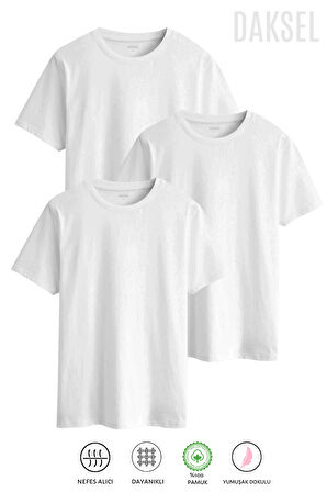 Erkek 3 Adet Beyaz %100 Pamuk'lu 3'lü Relax Fit Kesim Daksel Tişört Paketi
